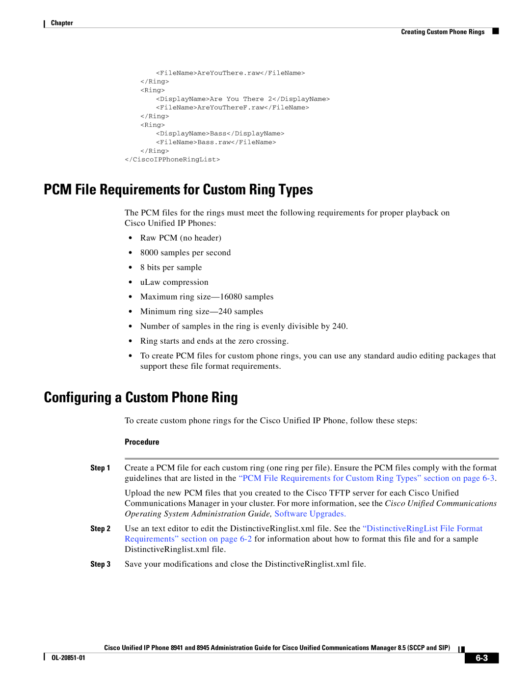 Cisco Systems 8945, 8941 manual PCM File Requirements for Custom Ring Types, Configuring a Custom Phone Ring 