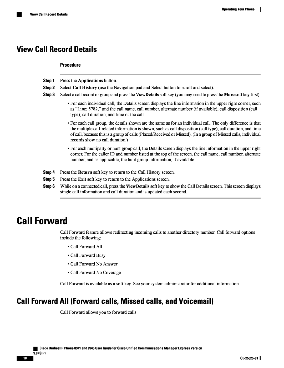 Cisco Systems 8941 View Call Record Details, Call Forward All Forward calls, Missed calls, and Voicemail, Procedure 