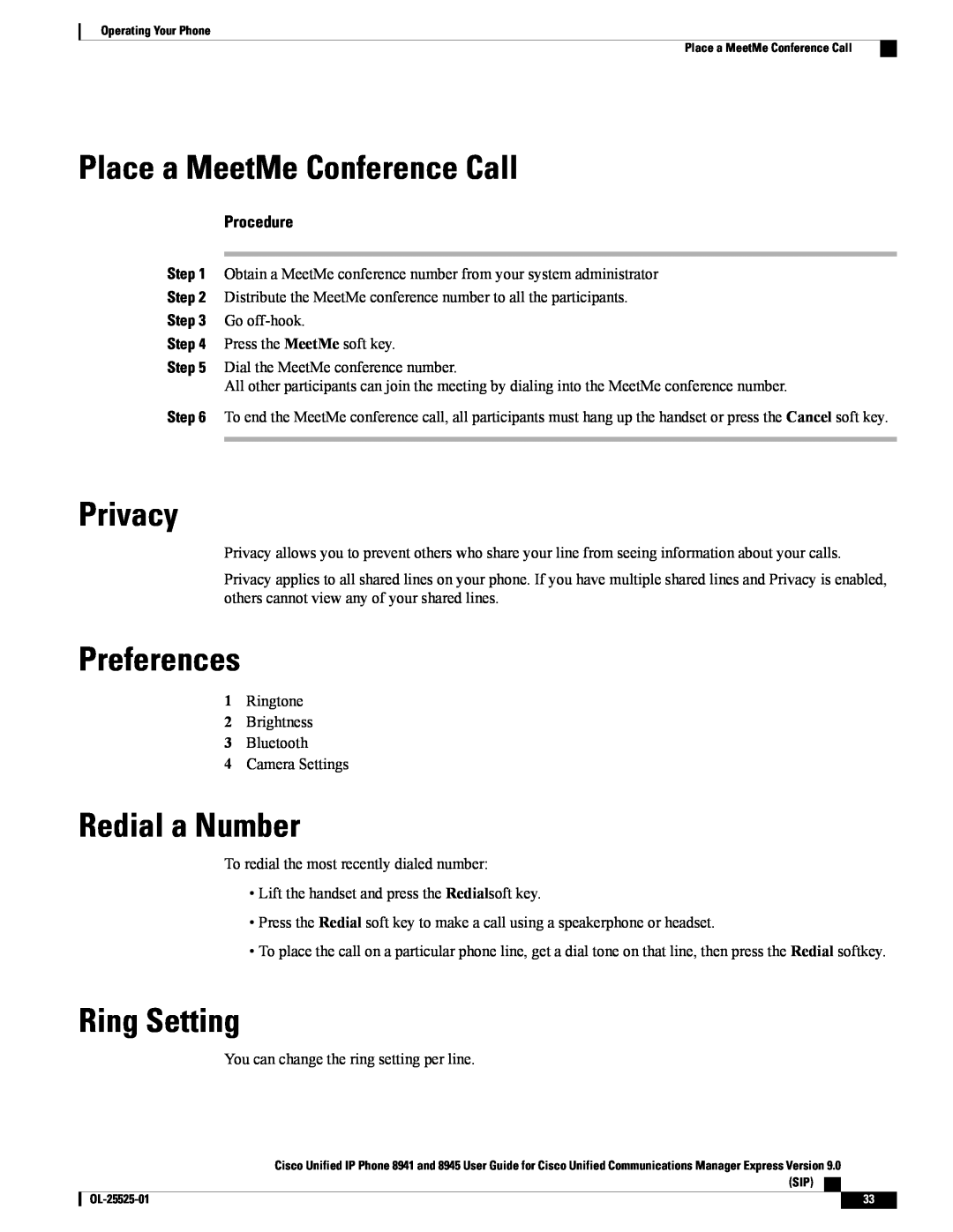 Cisco Systems 8945, 8941 Place a MeetMe Conference Call, Privacy, Preferences, Redial a Number, Ring Setting, Procedure 