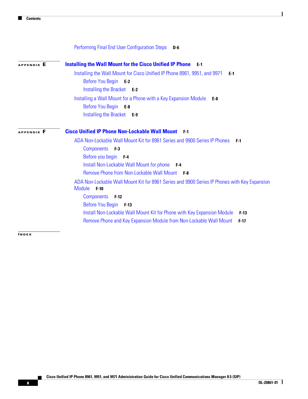 Cisco Systems 8961 manual Installing the Wall Mount for the Cisco Unified IP Phone E-1 