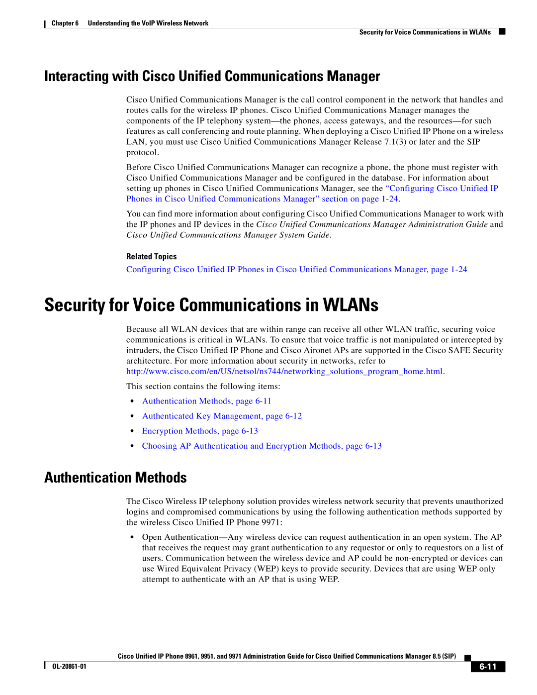 Cisco Systems 8961 manual Security for Voice Communications in WLANs, Interacting with Cisco Unified Communications Manager 