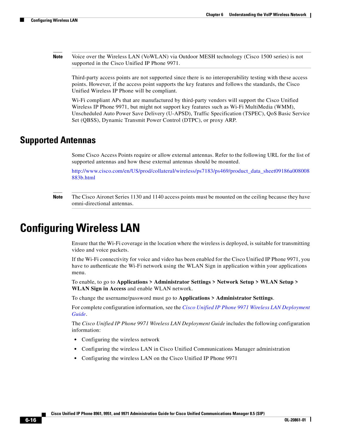 Cisco Systems 8961 manual Configuring Wireless LAN, Supported Antennas 