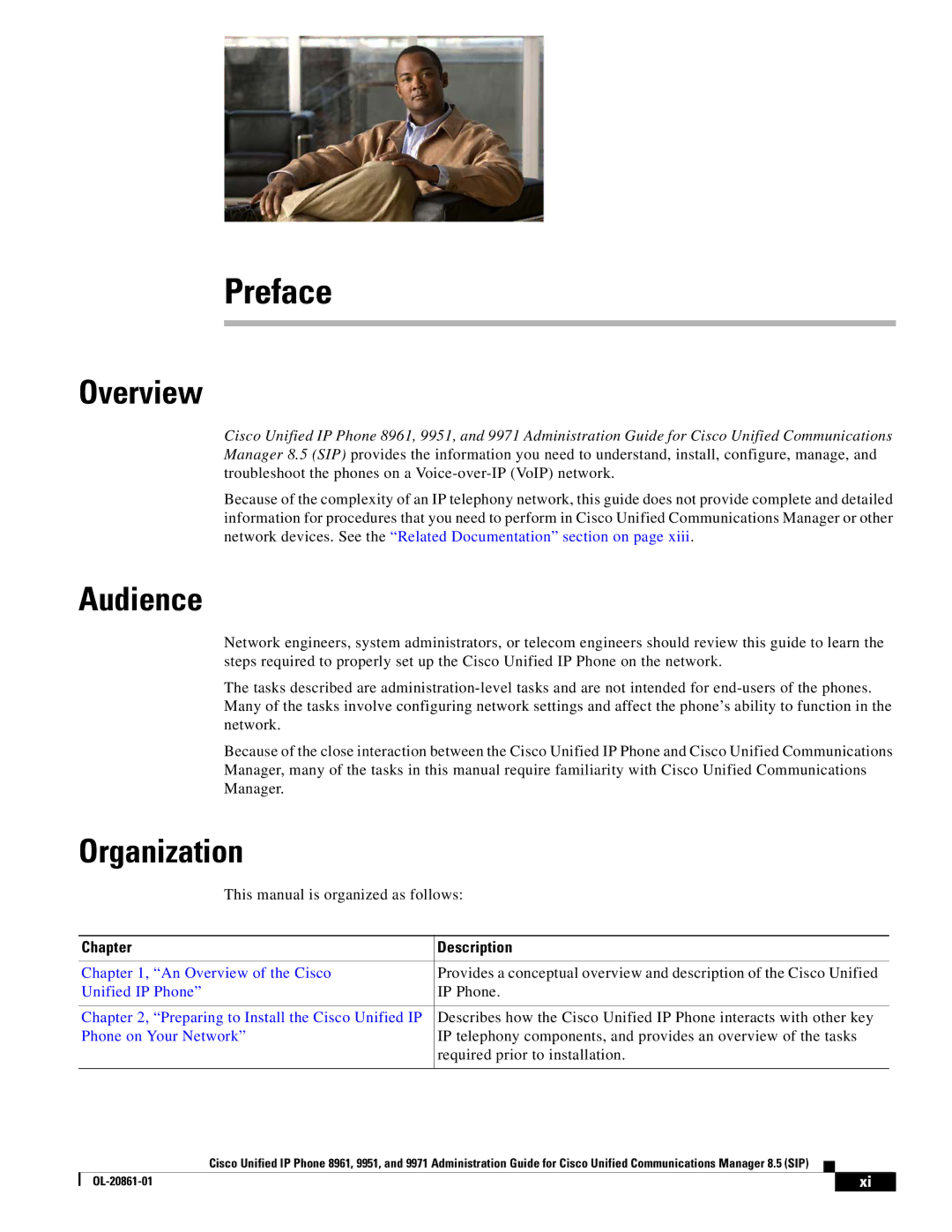 Cisco Systems 8961 manual Overview, Audience, Organization, Chapter Description 