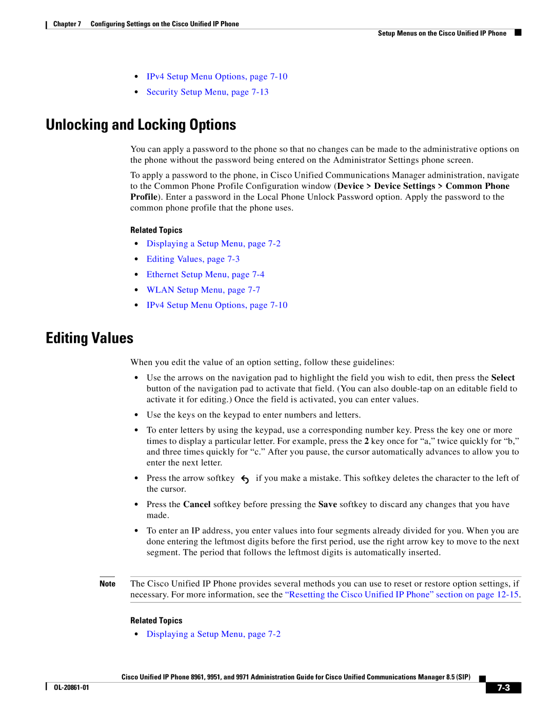 Cisco Systems 8961 manual Unlocking and Locking Options, Editing Values, IPv4 Setup Menu Options, Security Setup Menu 