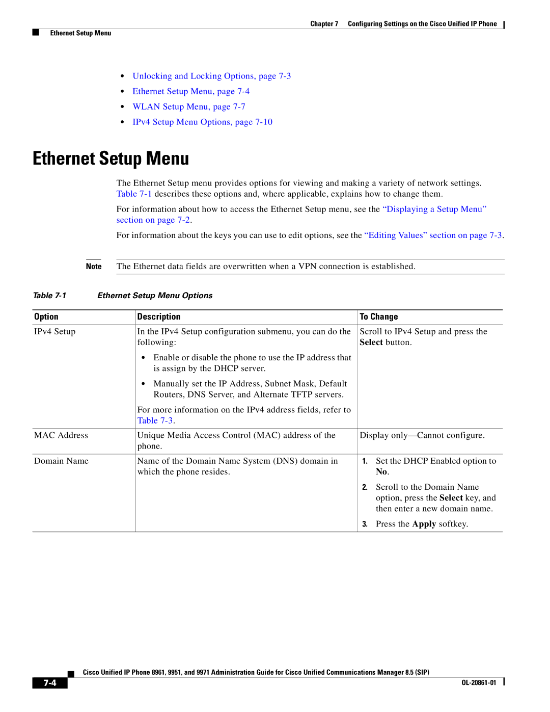 Cisco Systems 8961 manual Ethernet Setup Menu, Option Description To Change, Select button 