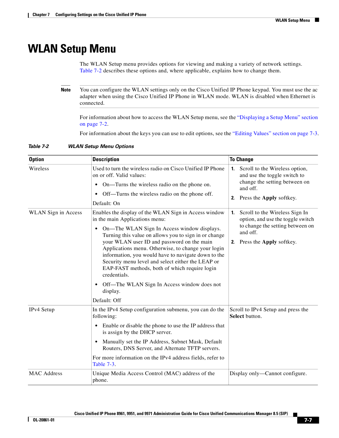 Cisco Systems 8961 manual Wlan Setup Menu, Select button 