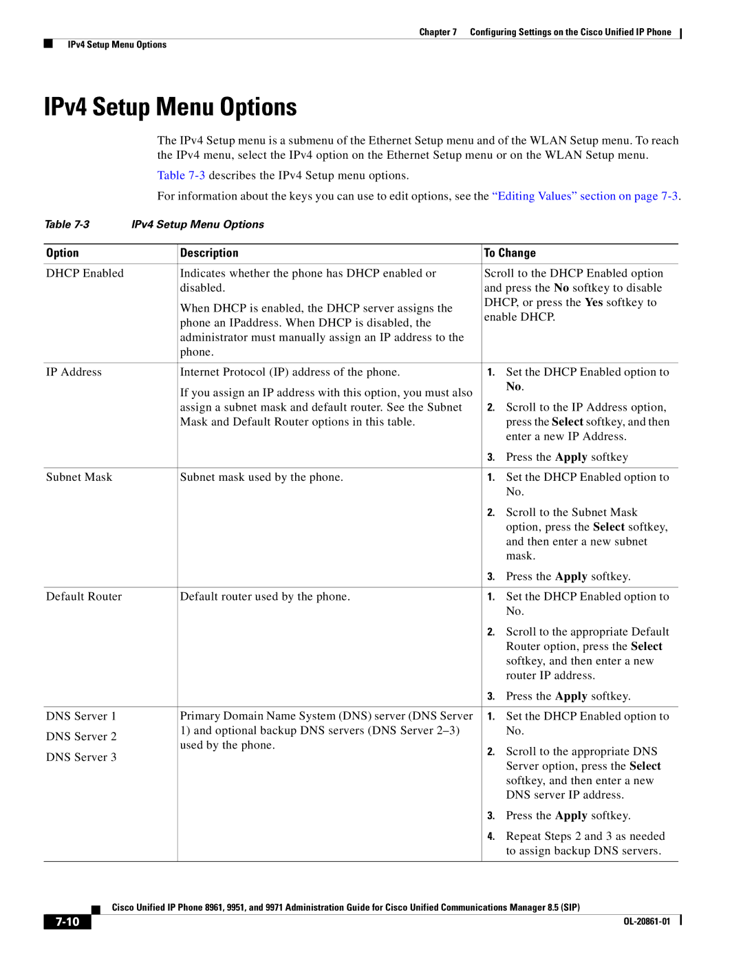 Cisco Systems 8961 manual IPv4 Setup Menu Options 