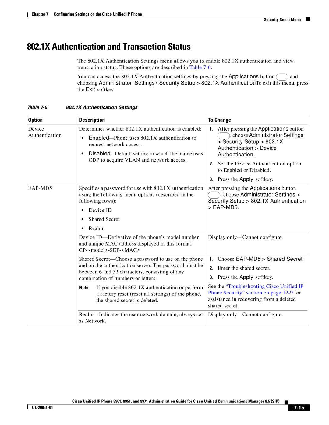 Cisco Systems 8961 manual 802.1X Authentication and Transaction Status 