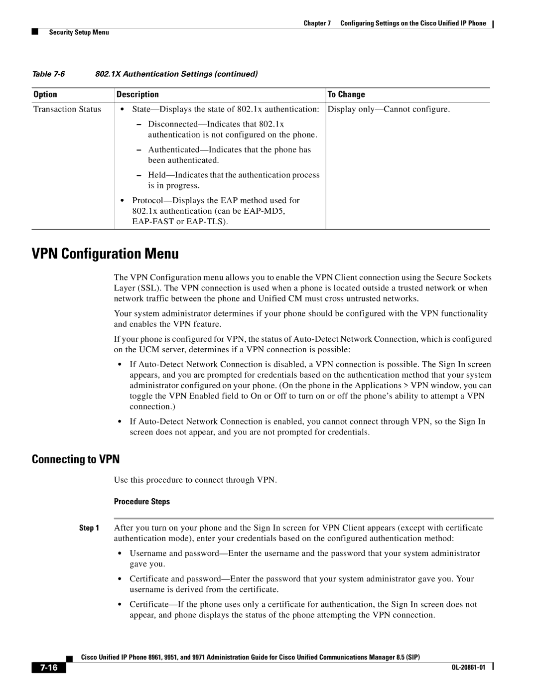 Cisco Systems 8961 manual VPN Configuration Menu, Use this procedure to connect through VPN, Procedure Steps 