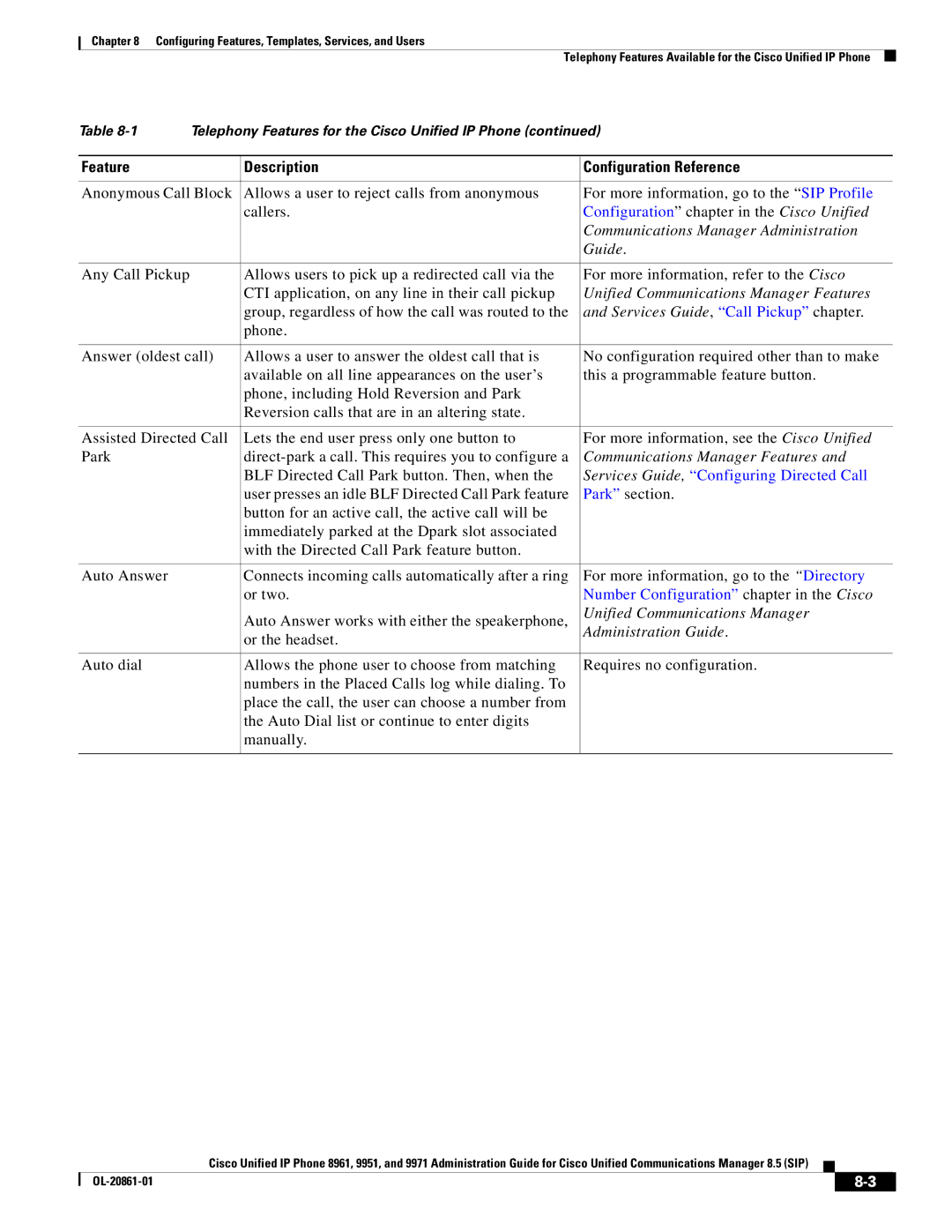 Cisco Systems 8961 manual Unified Communications Manager Features, Services Guide, Call Pickup chapter 