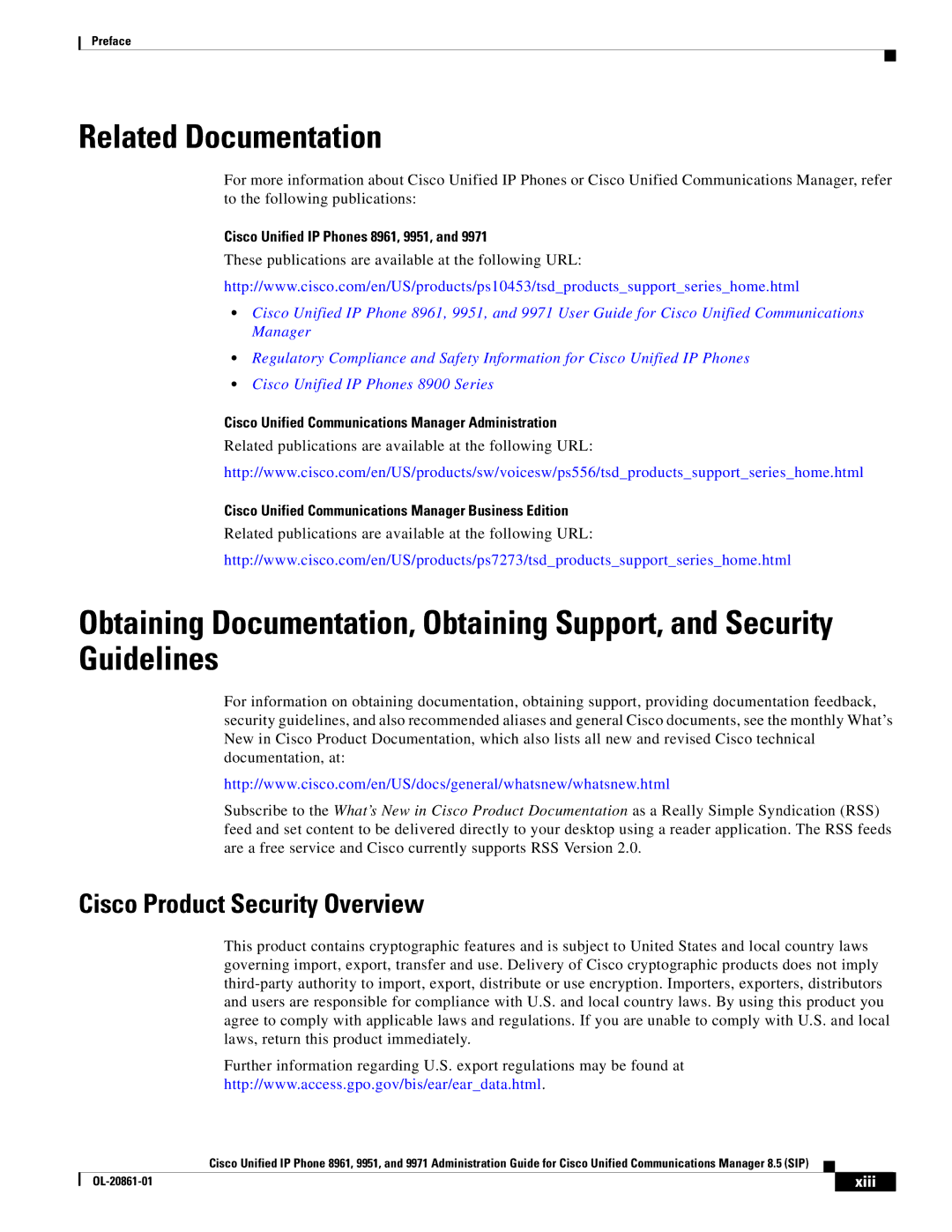 Cisco Systems manual Related Documentation, Cisco Product Security Overview, Cisco Unified IP Phones 8961, 9951, Xiii 