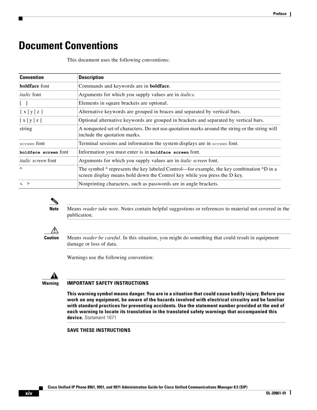 Cisco Systems 8961 manual Document Conventions, Convention Description, Boldface font, Xiv 