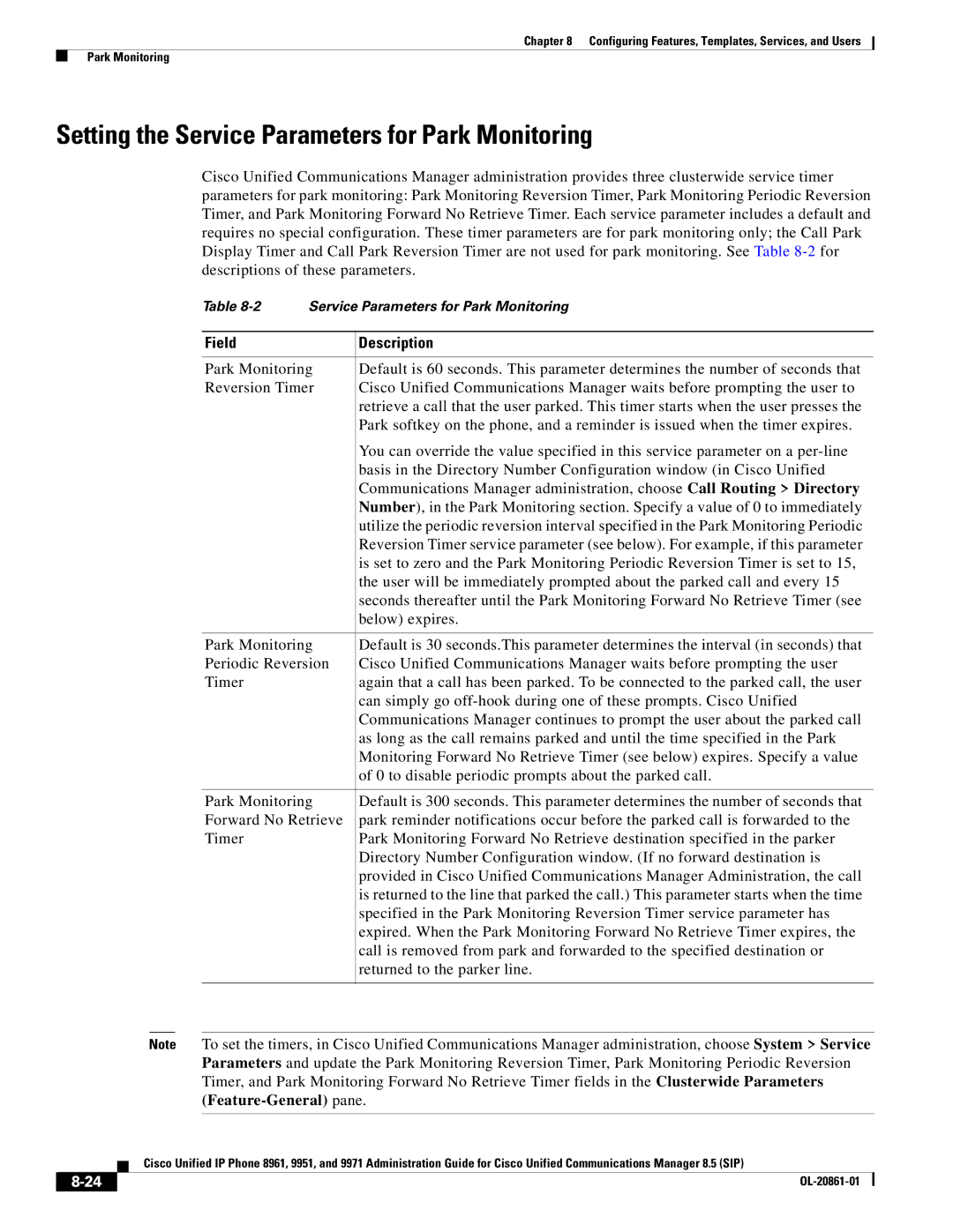 Cisco Systems 8961 manual Setting the Service Parameters for Park Monitoring, Field Description 