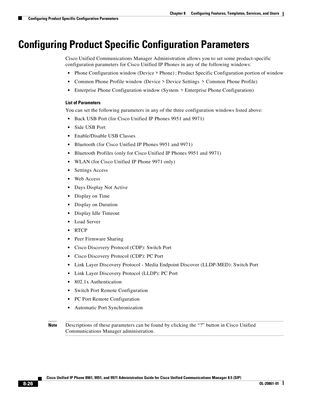 Cisco Systems 8961 manual Configuring Product Specific Configuration Parameters, List of Parameters, Rtcp 