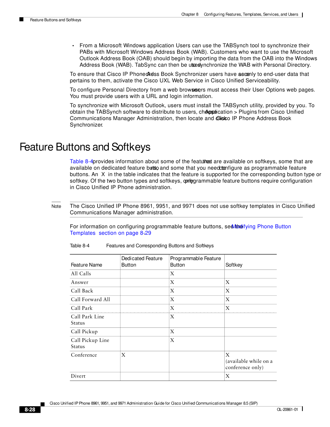 Cisco Systems 8961 manual Feature Buttons and Softkeys, Dedicated Feature, Button Softkey 