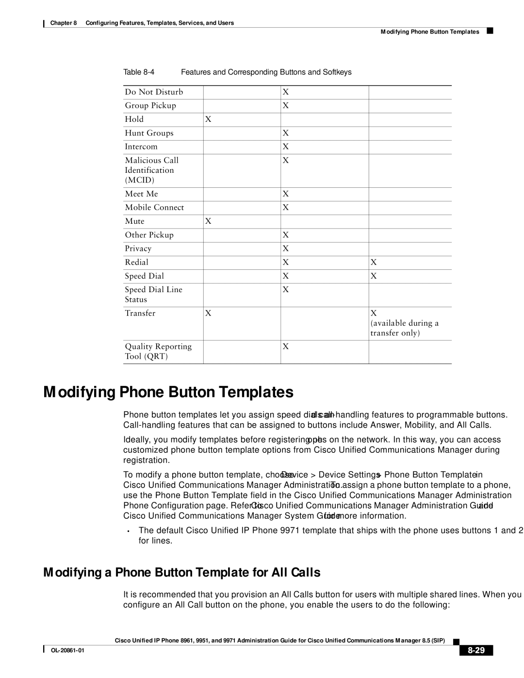 Cisco Systems 8961 manual Modifying Phone Button Templates, Modifying a Phone Button Template for All Calls, Mcid 