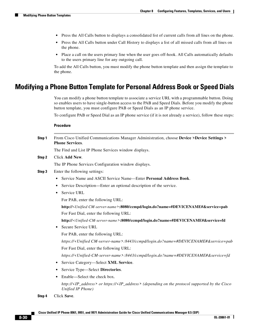 Cisco Systems 8961 manual Procedure, Secure Service URL For PAB, enter the following URL 