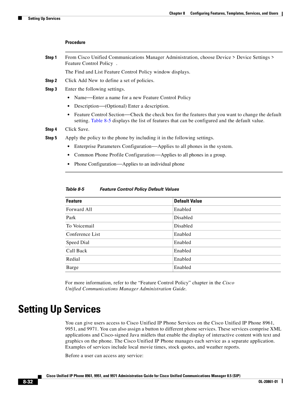 Cisco Systems 8961 manual Setting Up Services, Feature Default Value, Unified Communications Manager Administration Guide 