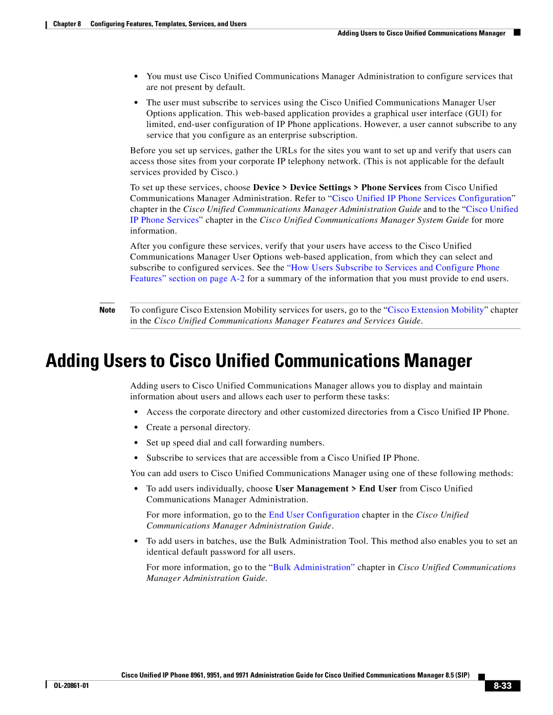 Cisco Systems 8961 manual Adding Users to Cisco Unified Communications Manager 