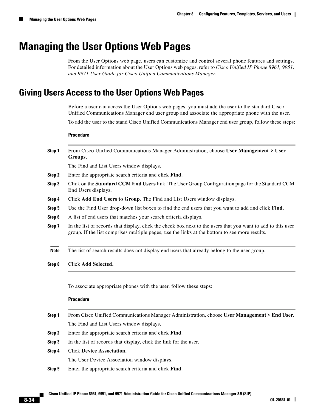 Cisco Systems 8961 manual Managing the User Options Web Pages, Giving Users Access to the User Options Web Pages 