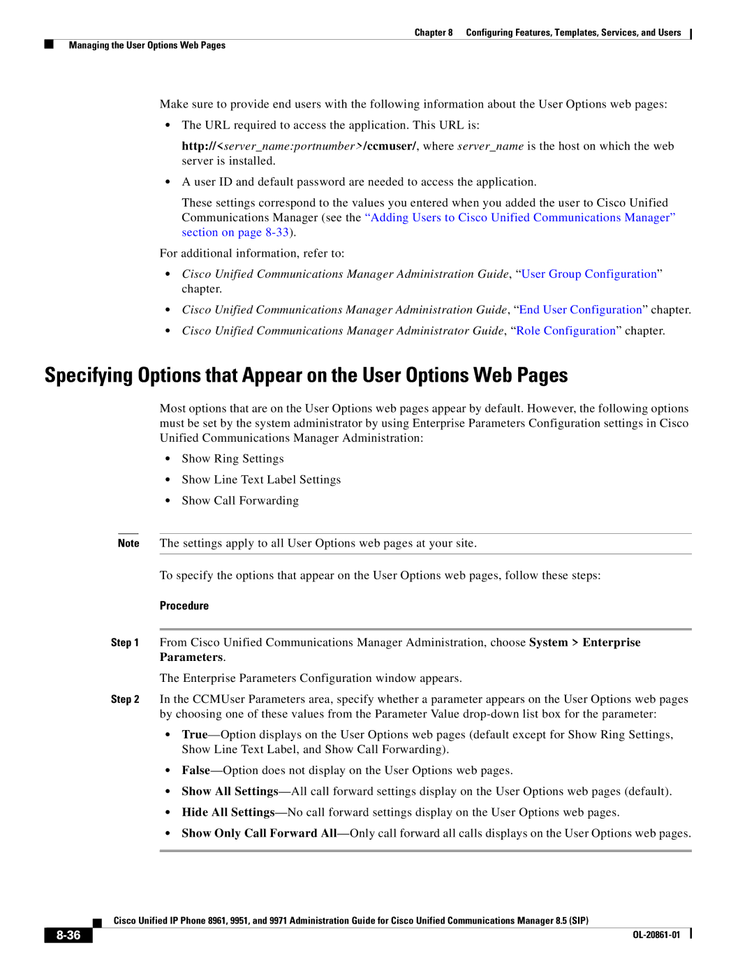 Cisco Systems 8961 manual Specifying Options that Appear on the User Options Web Pages 