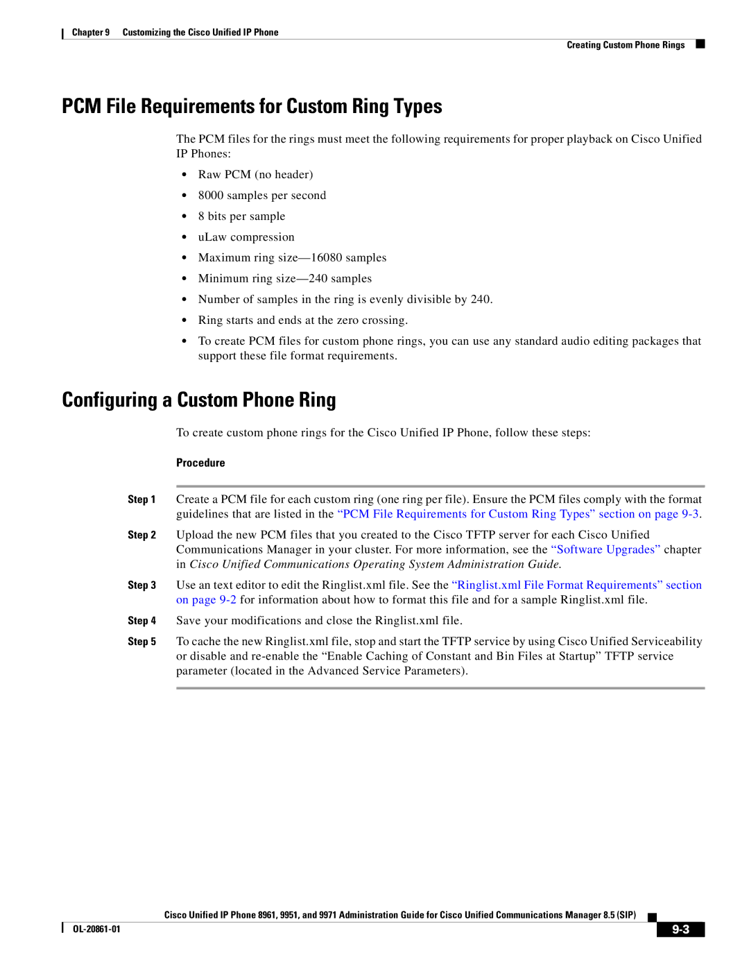 Cisco Systems 8961 manual PCM File Requirements for Custom Ring Types, Configuring a Custom Phone Ring 