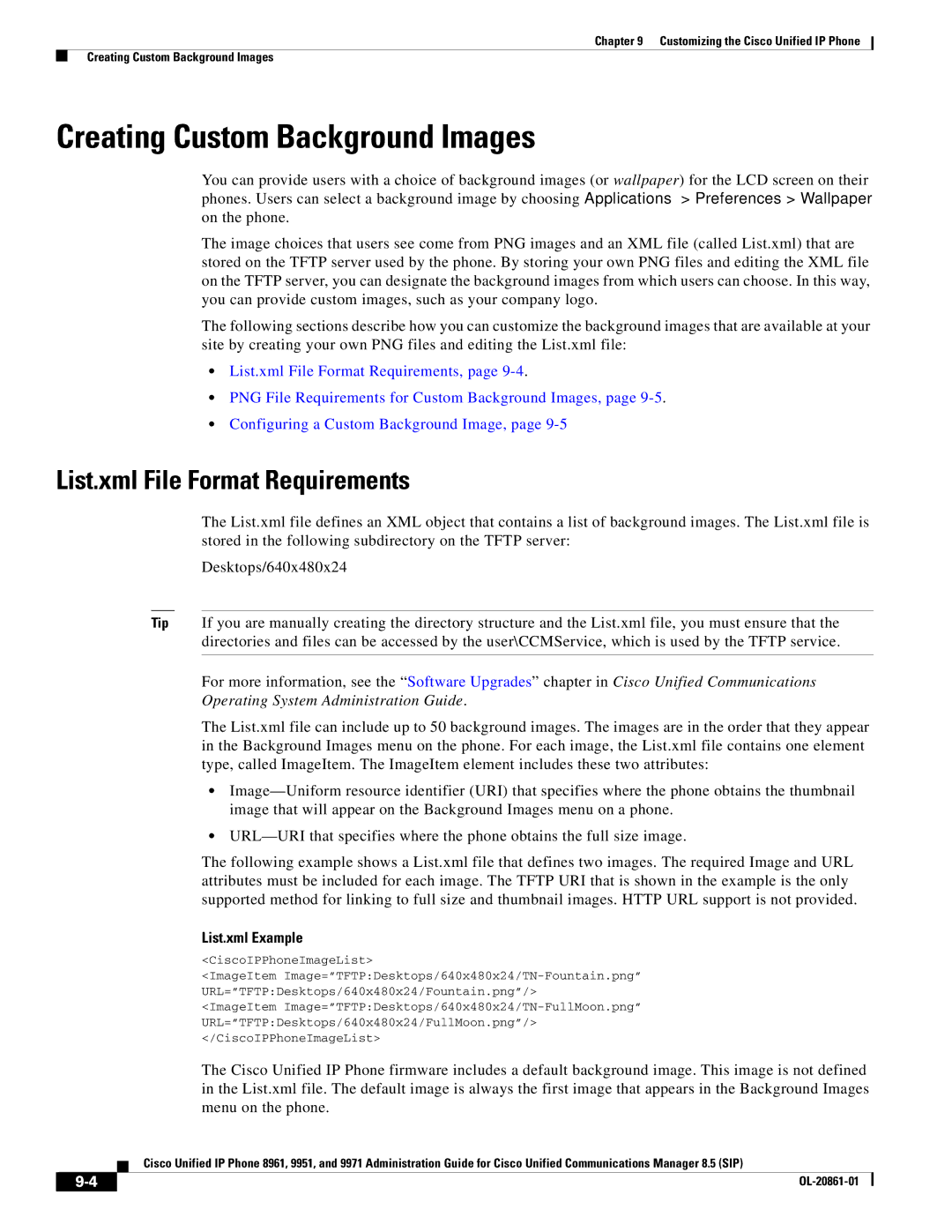 Cisco Systems 8961 manual Creating Custom Background Images, List.xml File Format Requirements, List.xml Example 