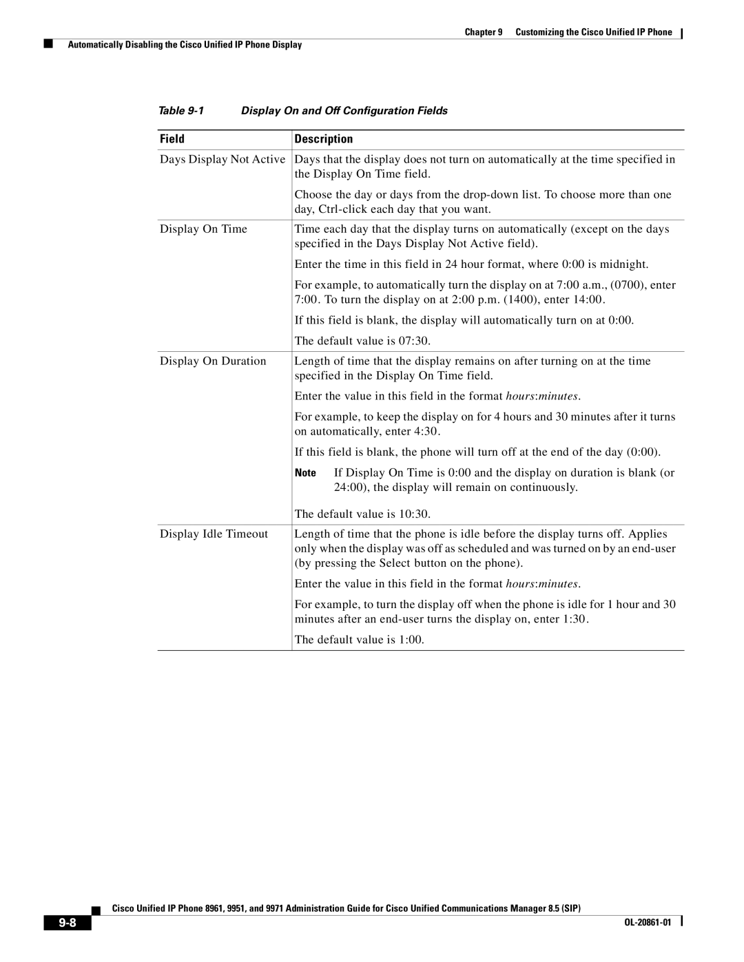 Cisco Systems 8961 manual Display On and Off Configuration Fields 