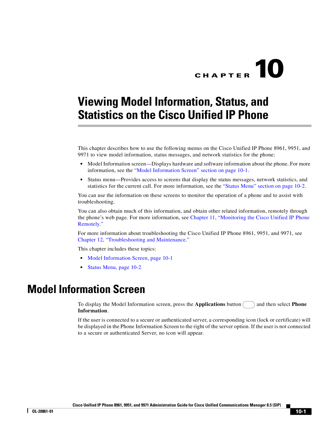 Cisco Systems 8961 manual Model Information Screen, Status Menu, 10-1 