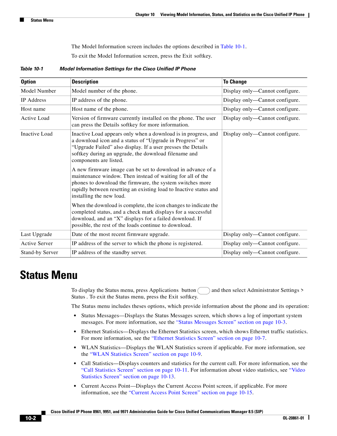 Cisco Systems 8961 manual Status Menu, 10-2 