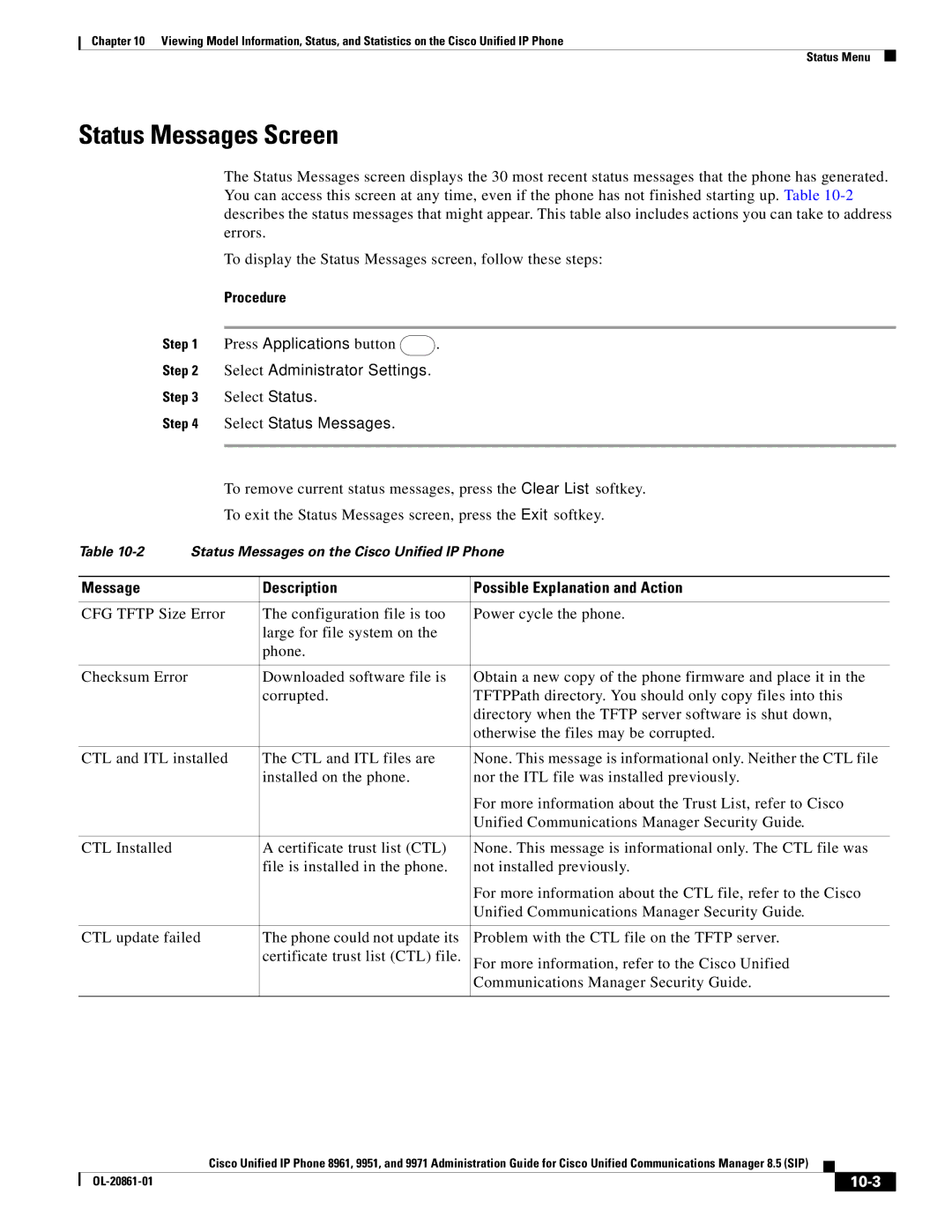 Cisco Systems 8961 manual Status Messages Screen, Select Administrator Settings, Select Status Messages, 10-3 