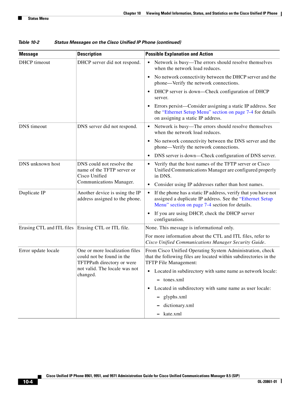 Cisco Systems 8961 manual Ethernet Setup Menu section on page 7-4for details, On assigning a static IP address, 10-4 