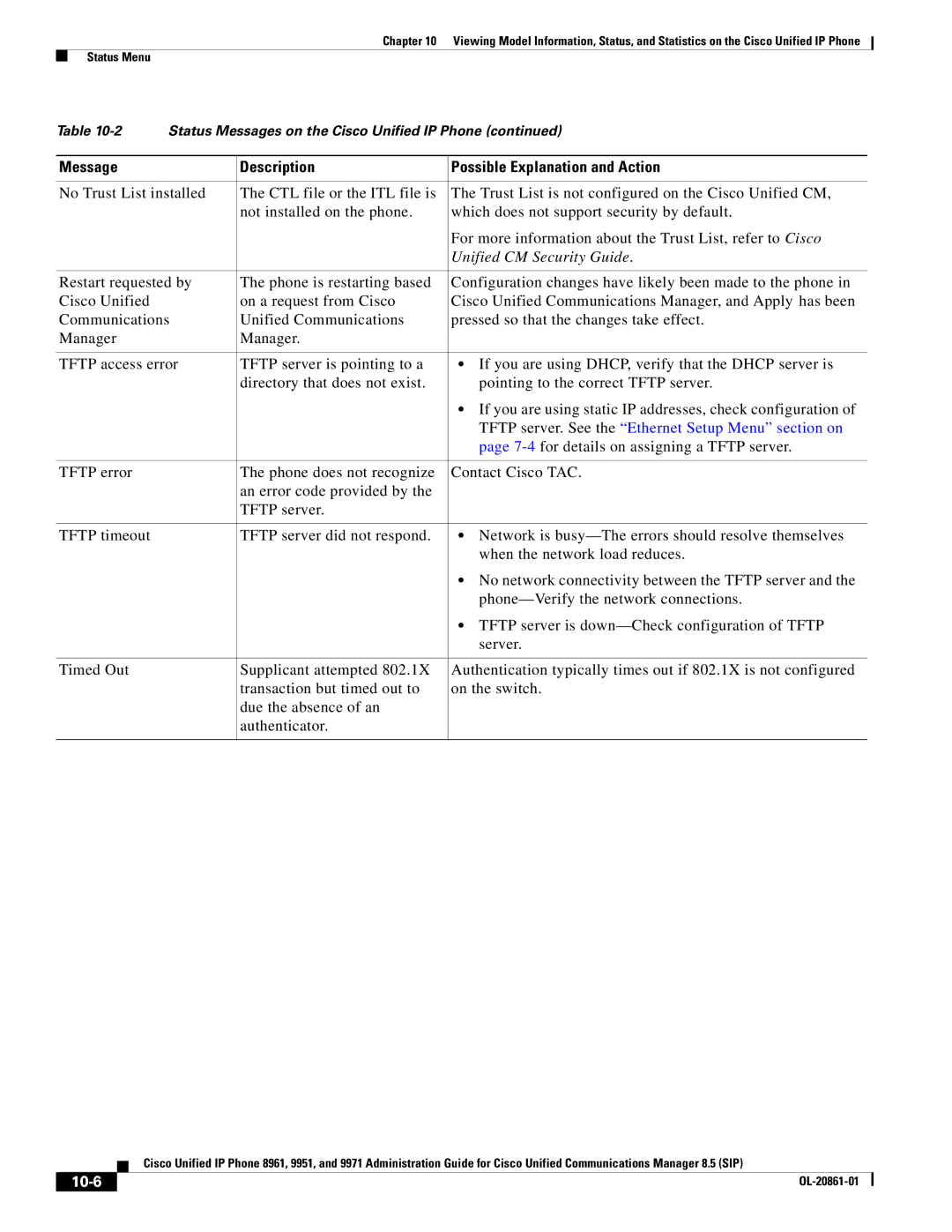 Cisco Systems 8961 manual Unified CM Security Guide, 10-6 