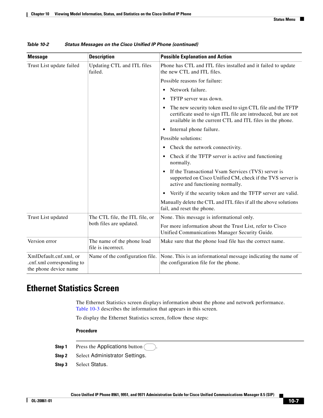 Cisco Systems 8961 manual Ethernet Statistics Screen, 10-7 