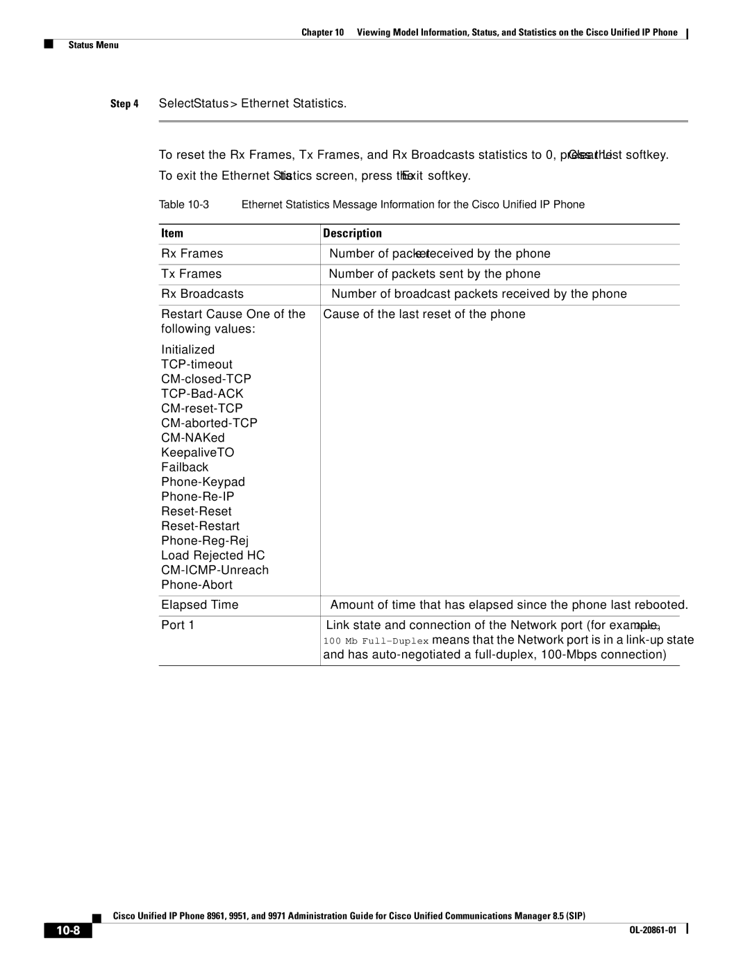 Cisco Systems 8961 manual Select Status Ethernet Statistics, 10-8 