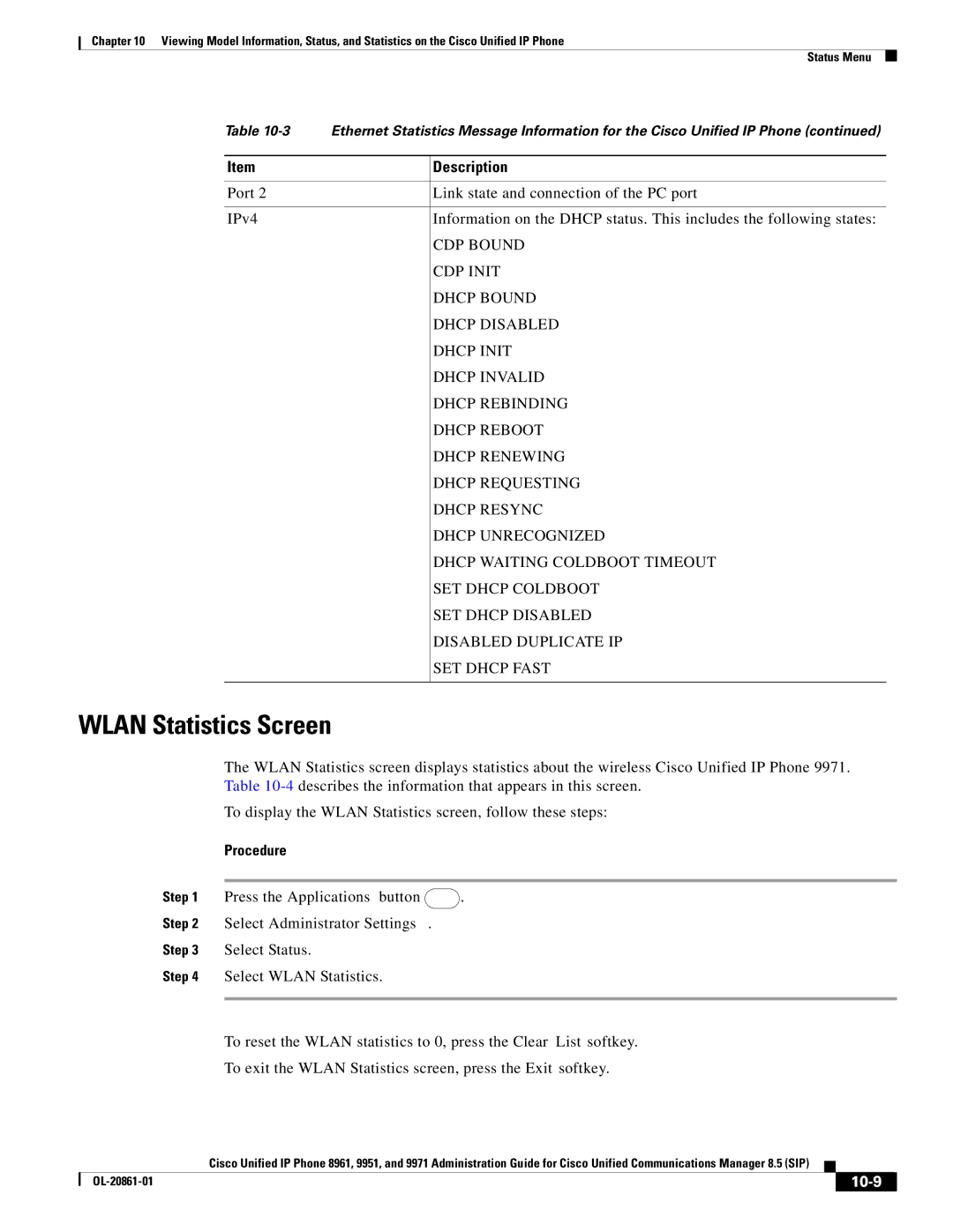 Cisco Systems 8961 manual Wlan Statistics Screen, Port IPv4, Select Wlan Statistics, 10-9 