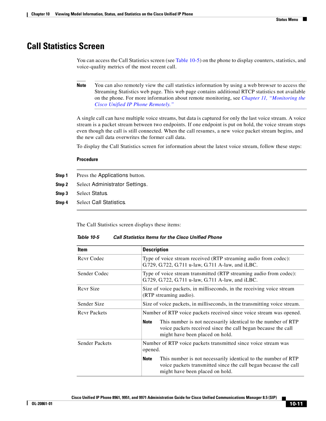 Cisco Systems 8961 manual Call Statistics Screen, Select Status, Select Call Statistics, 10-11 