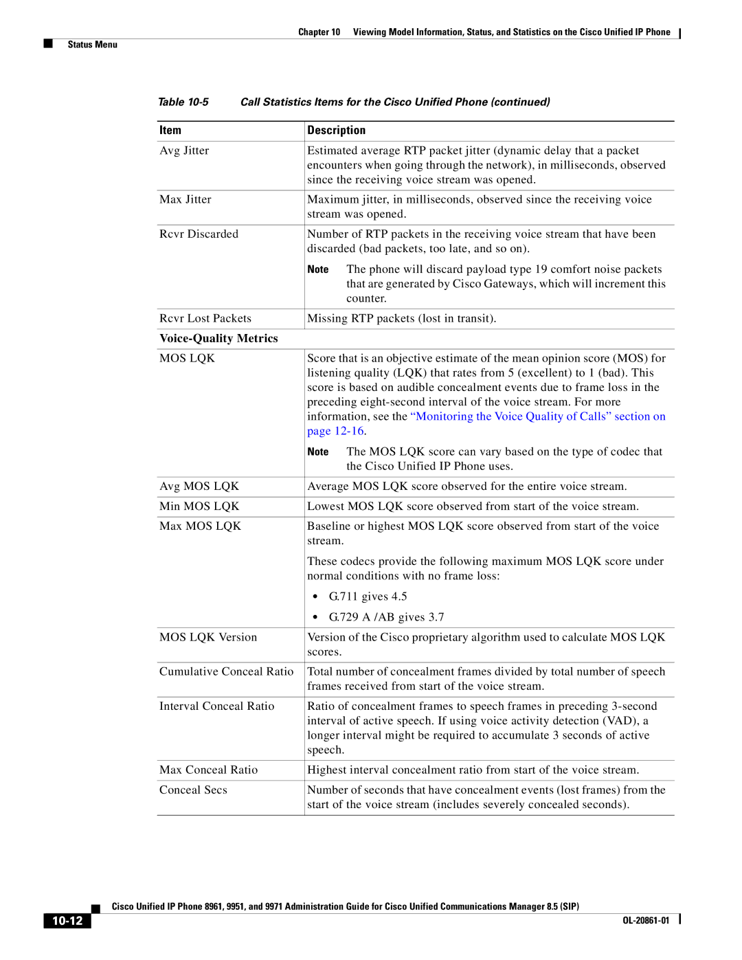 Cisco Systems 8961 manual Voice-Quality Metrics, Mos Lqk, Cisco Unified IP Phone uses, 10-12 