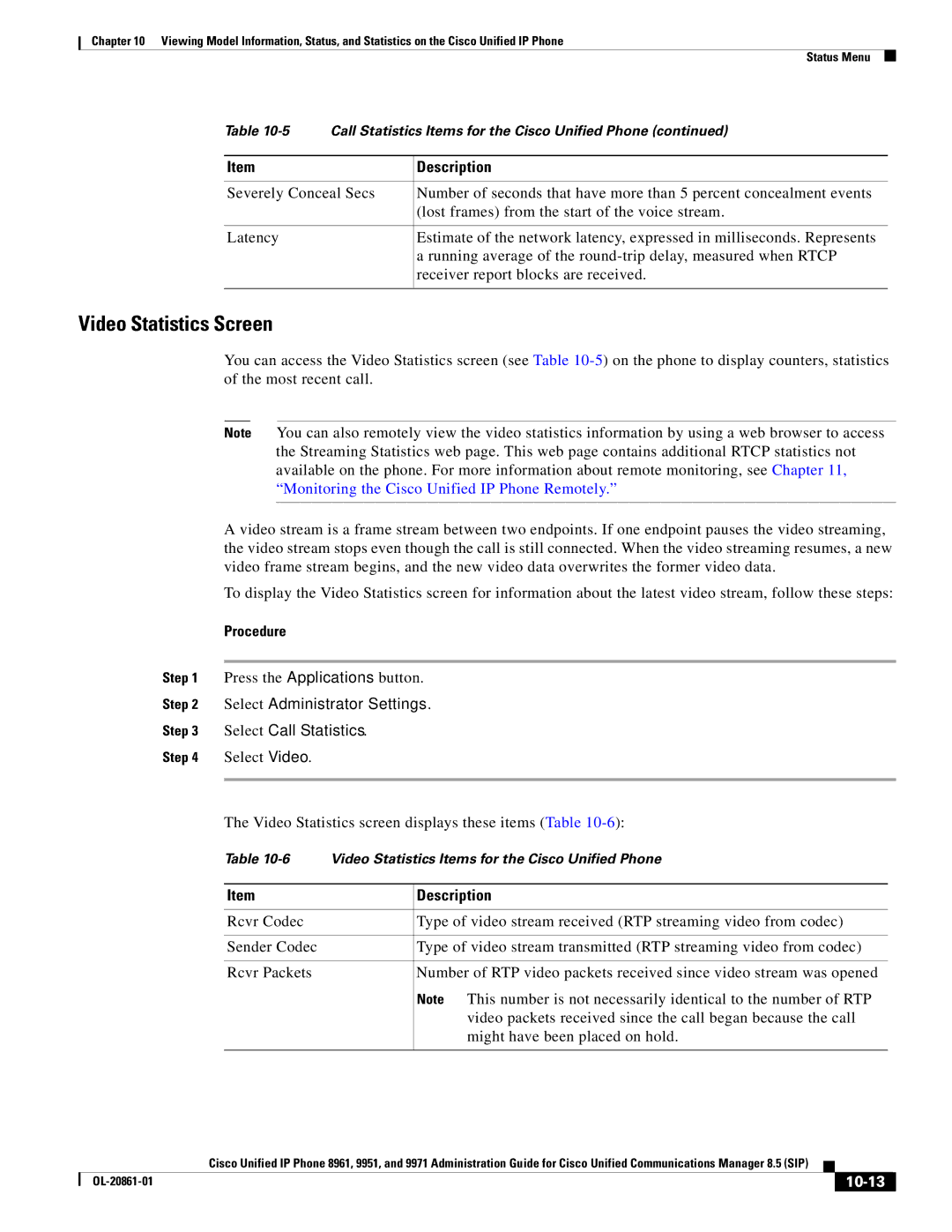 Cisco Systems 8961 manual Select Administrator Settings Select Call Statistics, 10-13 