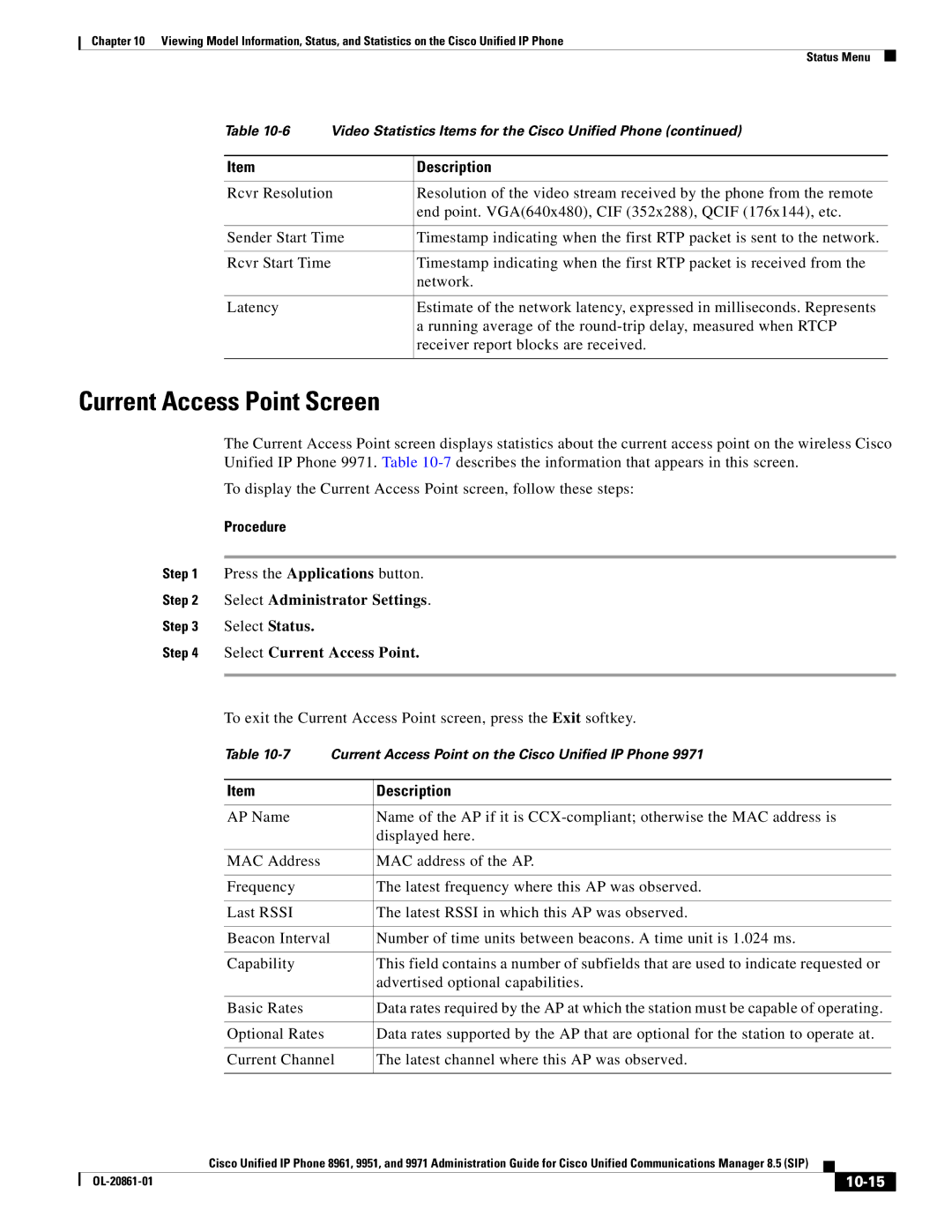 Cisco Systems 8961 manual Current Access Point Screen, Select Current Access Point, 10-15 