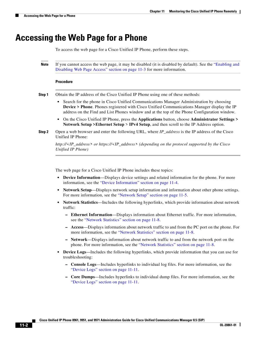 Cisco Systems 8961 manual Accessing the Web Page for a Phone, 11-2 