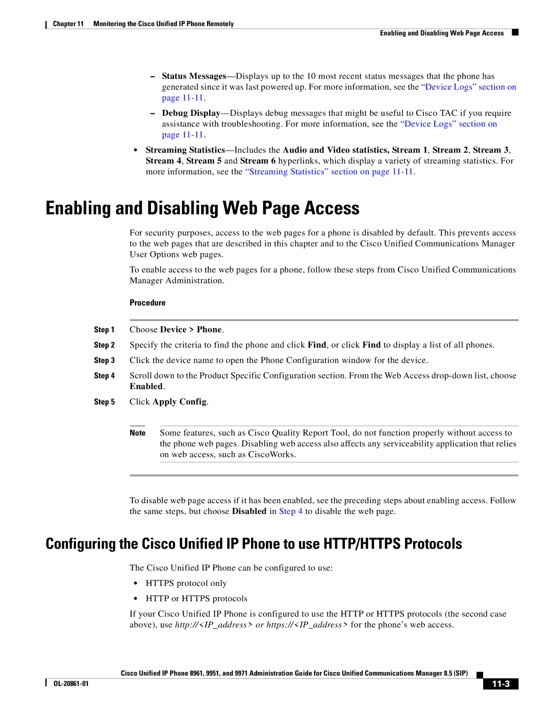 Cisco Systems 8961 manual Enabling and Disabling Web Page Access, Choose Device Phone, Click Apply Config, 11-3 