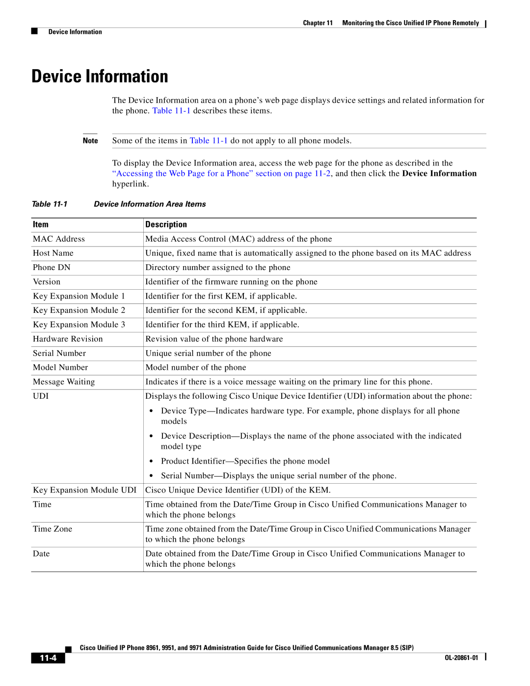 Cisco Systems 8961 manual Device Information, Udi, 11-4 