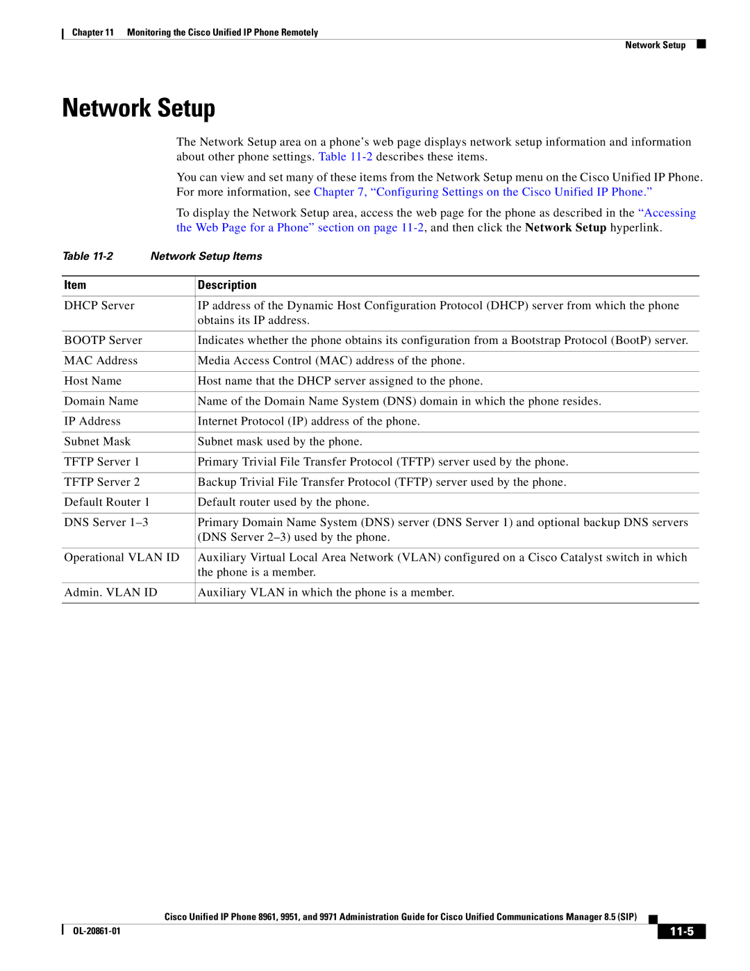 Cisco Systems 8961 manual Network Setup, About other phone settings. -2describes these items, 11-5 