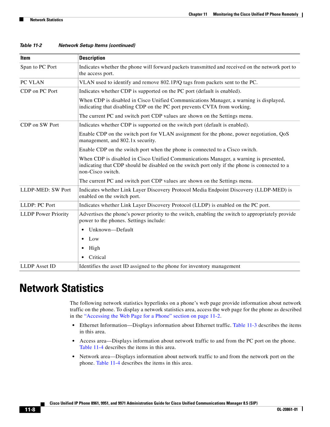 Cisco Systems 8961 manual Network Statistics, 11-8 