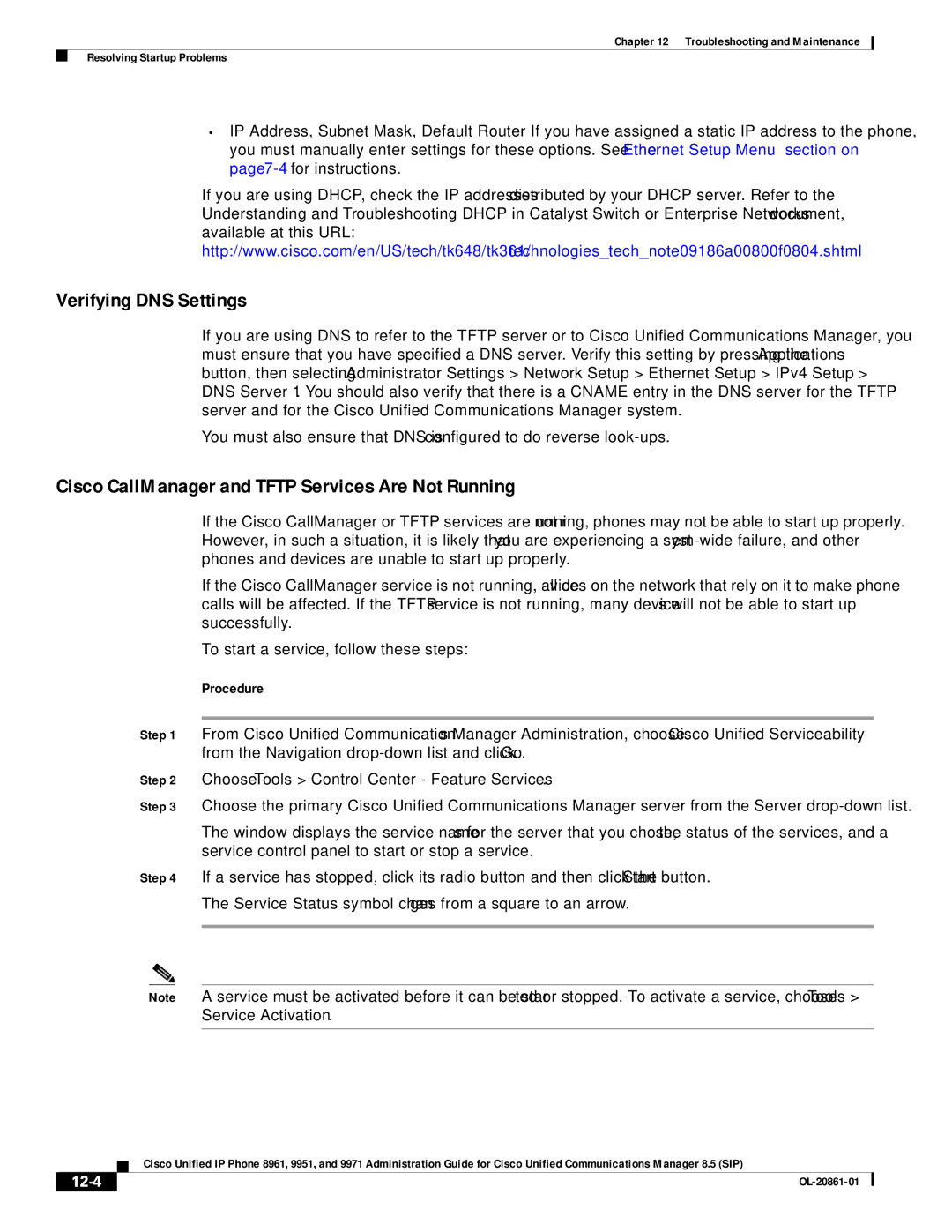 Cisco Systems 8961 manual Choose Tools Control Center Feature Services, 12-4 