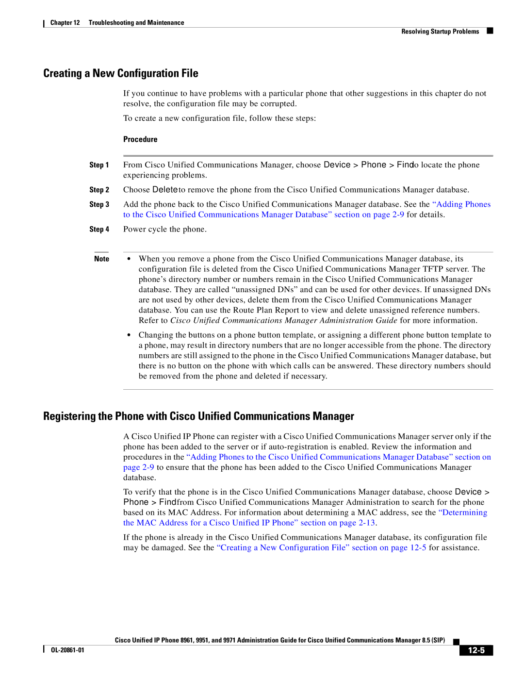 Cisco Systems 8961 manual Resolve, the configuration file may be corrupted, Experiencing problems, 12-5 