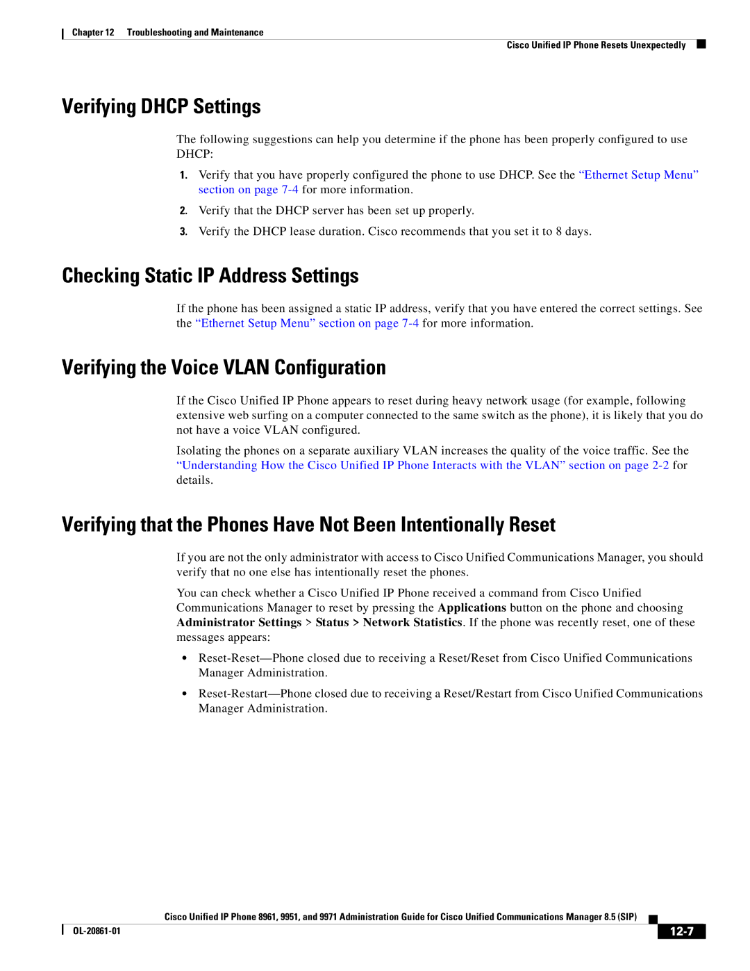 Cisco Systems 8961 Verifying Dhcp Settings, Checking Static IP Address Settings, Verifying the Voice Vlan Configuration 