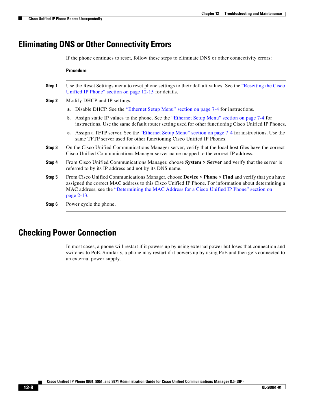 Cisco Systems 8961 manual Eliminating DNS or Other Connectivity Errors, Checking Power Connection, 12-8 