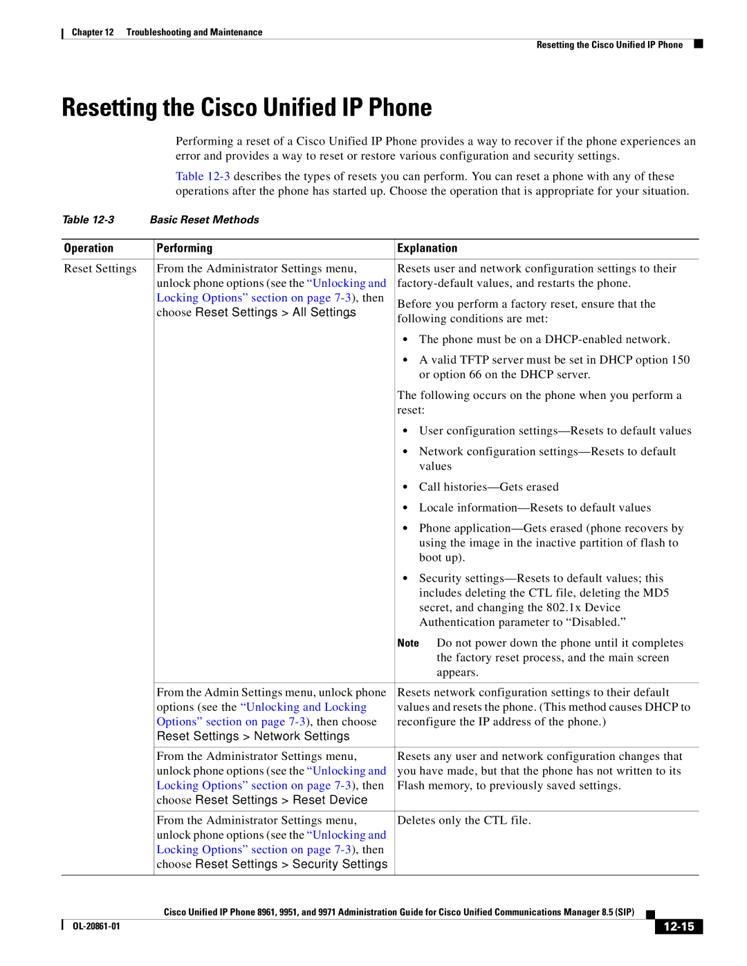 Cisco Systems 8961 manual Resetting the Cisco Unified IP Phone, Performing Explanation, 12-15 